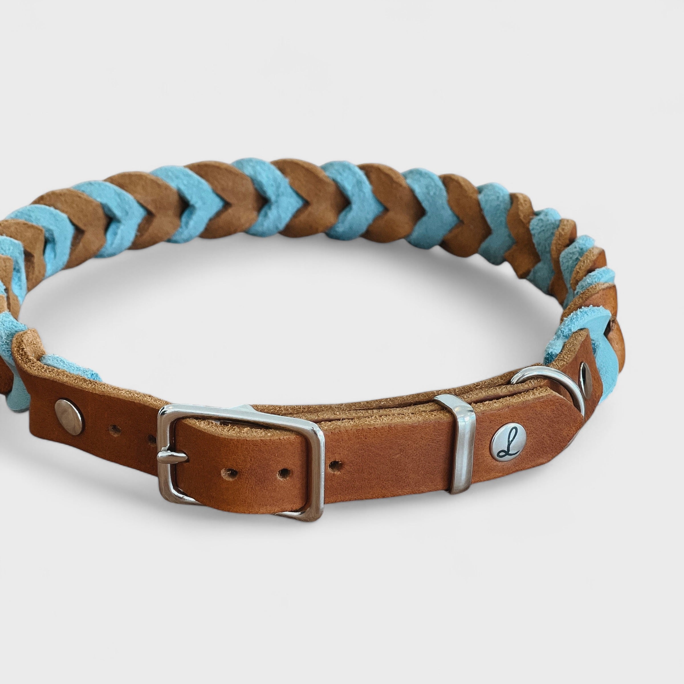 Fettlederhalsband "Elsa" - Cognac/Eisblau