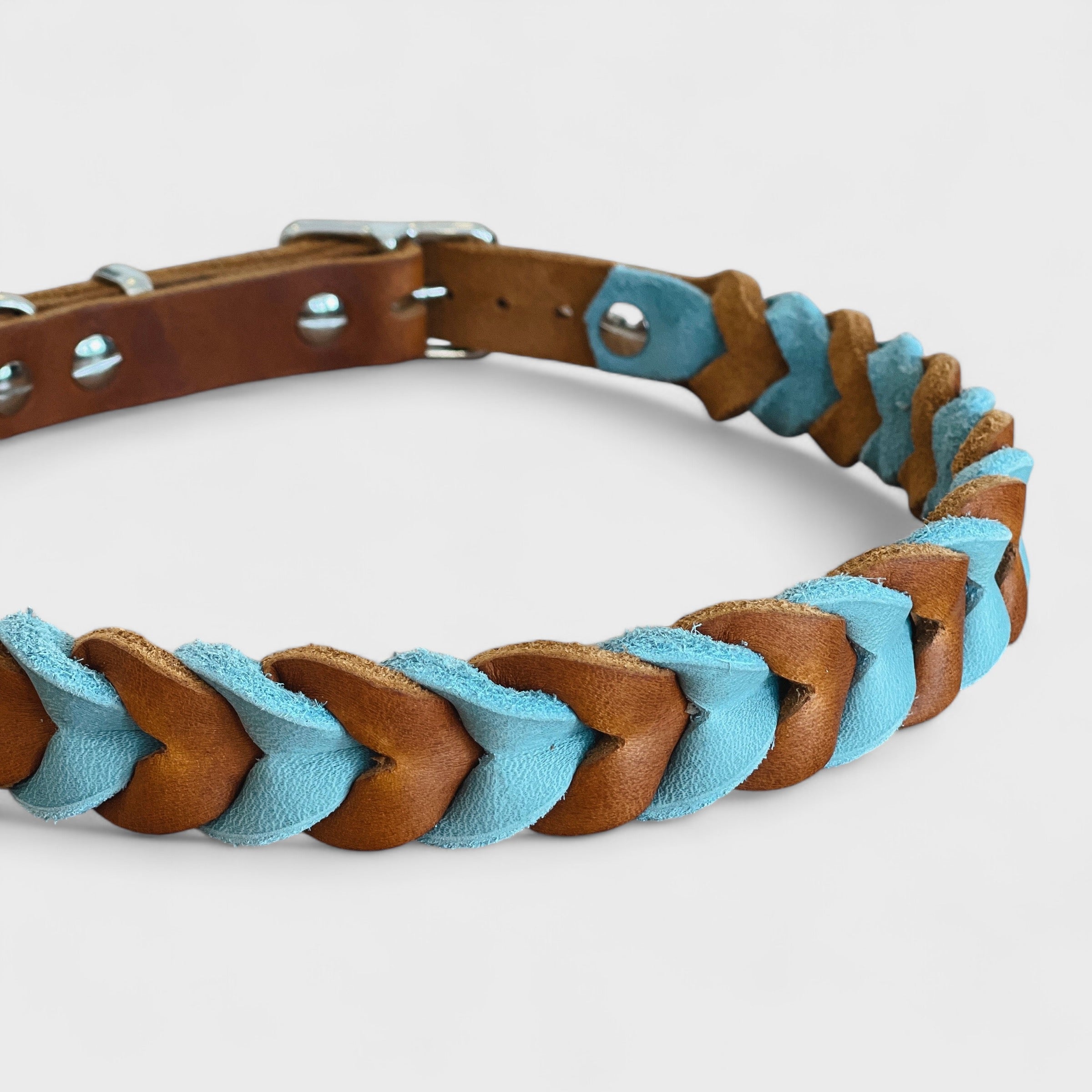 Fettlederhalsband "Elsa" - Cognac/Eisblau